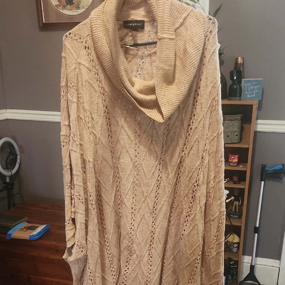 Lane Bryant Tan Cowl Neck Poncho with Cable Knit